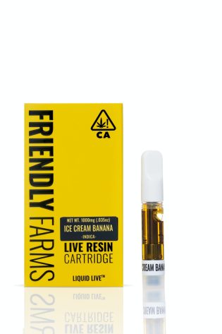 FF – Ice Cream Banana – 1g Live Resin Cartridge Friendly Farms live resin cartridges are crafted from freshly harvested; flash frozen cannabis flower grown by industry leading cultivators to preserve the essence of the “living” plant. We NEVER filter or use additives in our oil because we believe in the most natural representation of each strain’s unique flavors and effects. That’s the Tru Spectrum difference. Connect to any 510 thread battery heated at no more than 3v to enjoy without burning the oil. We invite you to experience why Friendly Farms is the favorite of cannabis connoisseurs across California. Ice Cream Banana is Banana OG x Blue Power.